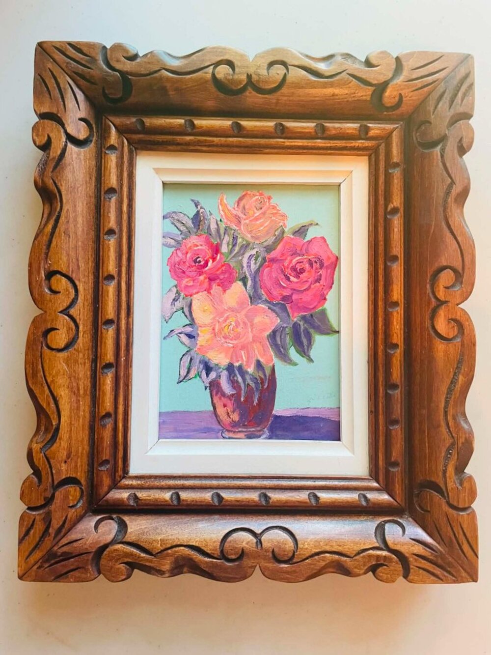 Vintage Signed Floral Still Life Painting Ornate Carved Wood Frame Cottagecore